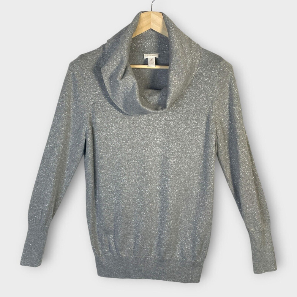 🦜 Chicos 2 (Large) Sweater Womans Cowl Neck Silver Gray Sparkle Party